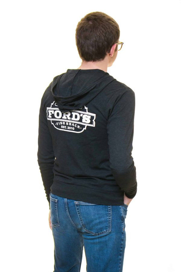 Back of Ford's Fish Shack Hoodie worn half zipped with hoodie down in Rich Gray