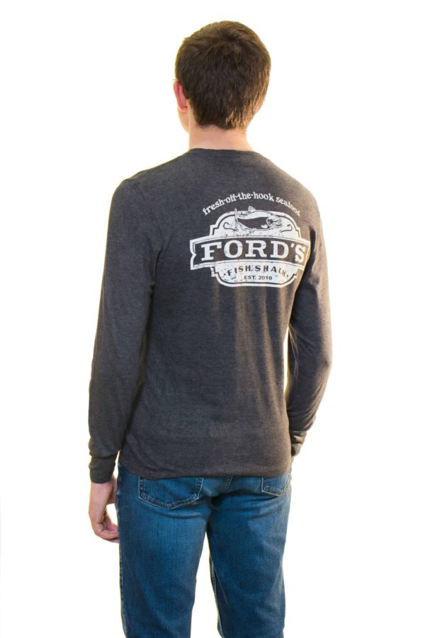 Back of Ford's Fish Shack Long-Sleeve T-Shirt in Rich Gray