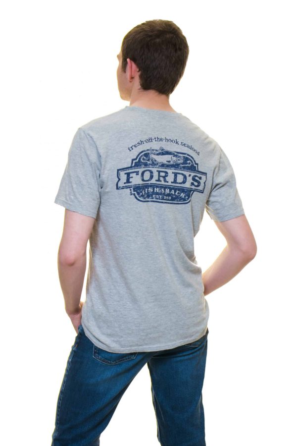 Back of Ford's Fish Shack T-Shirt in Light Stone Gray