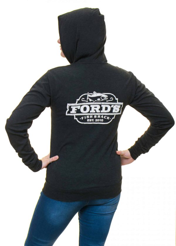 Back of Ford's Fish Shack Hoodie worn half zipped with hoodie on in Rich Gray