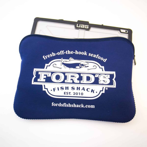 Front of Ford's Fish Shack Laptop Sleeve with 13-inch laptop inside